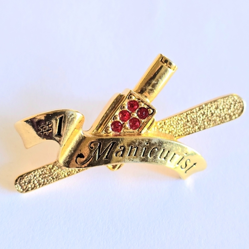 #1 Manicurist brooch pin Avon nail tech salon gold tone red gems